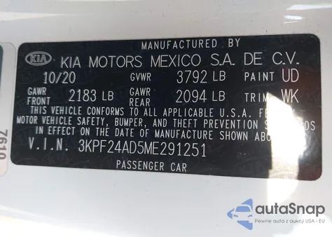 2021 Kia Forte Fe/Lxs из США, поврежденный, VIN 3KPF24AD5ME291251